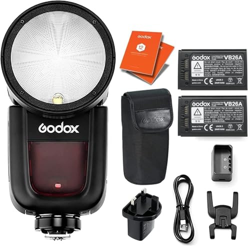 GODOX V1-O Round Head Camera Flash Speedlite Kit/w Spare VB26A Battery | HSS, 480 Full Power Shots, Lithium Battery for Olympus/Panasonic Cameras + 12 Month Extended Warranty Card (3 Yrs)