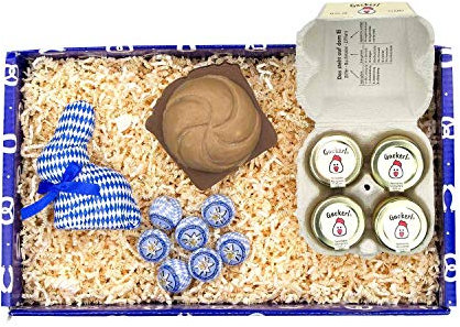 Bavariashop Geschenkbox Boarische Ostern, Hochwertige Geschenkidee mit Schmankerln aus Bayern, Stabiler Karton im bayerischen Design