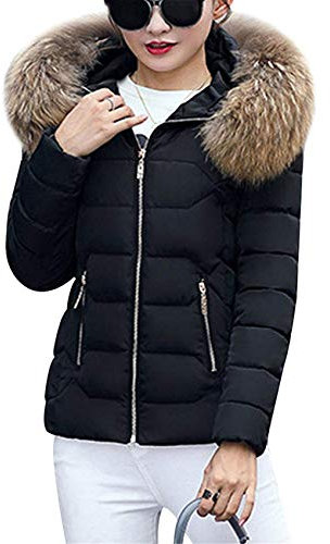 Onsoyours Femme Manteau Hiver Chaud Fourrure avec Capuche Rembourrée Veste Fausse Poche Zippée Chaud Doudoune Col Fourrure Grande Taille Épais Blouson À Capuche A Noir L