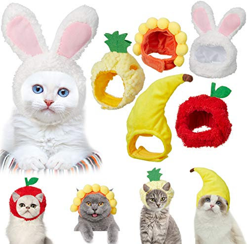 Weewooday 5 Stück Katze Hut Katze Kostüm Hasen Mütze mit Hasenohren Banane Sonnenblume Frucht Ananas Mütze Halloween Weihnachten Party Kostüm Kopfbedeckung für Katzen Welpen Haustier Materialien