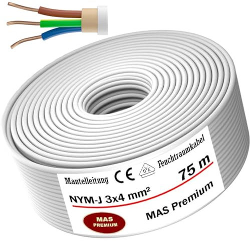 Cavo di alimentazione per ambienti umidi da 5, 10, 15, 20, 25, 30, 35, 40, 50, 60, 70, 75, 80, 90 o 100 m, NYM-J, 3 x 4 mm², cavo elettrico rivestito ad anello per installazione fissa (75 m)