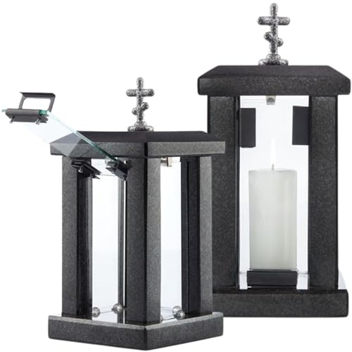 Large Square Granite Memorial Lantern with Orthodox Cross – H 22.6 (32cm) Black Graveside Tribute Memory – Funeral Gift, Cemetery Grave Ornaments, Memory Lantern, Candle Decoration for Graveyard