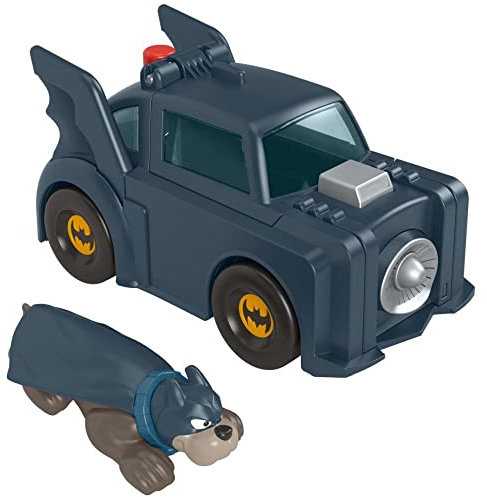 Fisher-Price DC Super Pets HGL19 - DC League of Super-Pets Ace Figur und Batmobile-Jet Aufziehfahrzeug im Set, Spielzeug für Vorschulkinder ab 3 Jahren