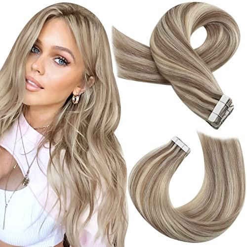 Moresoo Tape Hair Extensions Real Human Hair 18 Inch Blonde Highlights Real Human Hair Tape in Extensions Light Brown with Platinum Blonde for Women Full Head Wedding Hair 20Pcs/50g #P9A/60