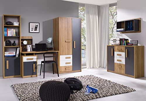 Marmex Kinderzimmer Set Quatro 6 im Set: Schrank Q1, Schreibtisch Q10, Bücherregal mit Schrank Q7, Hängeregal Q4, Kommode mit Schubladen Q6 - Möbelset für Kinderzimmer, Jugendzimmer, Schlafzimmer
