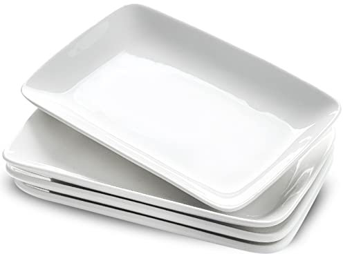 UIBFCWN Set of 4 Rectangular Serving Plates, Porcelain White, 25.4 x 15.2 cm, Rectangular Plates, Serving Plates, Oblong Dinner Plates for Meat, Antipasti, Sushi, Cakes