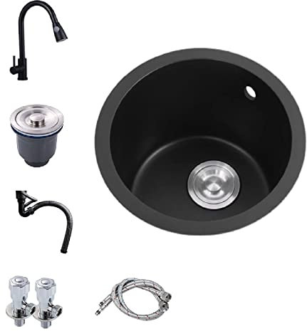 HGTRH Fregadero Cocina Un Seno con Escurridor Redondo, Fregadero sobre Encimera 1 Seno Fregaderos PequeñOs Camper Granito Fregadero Bajo Encimera para Cocina, Bar, Casas De Alquiler