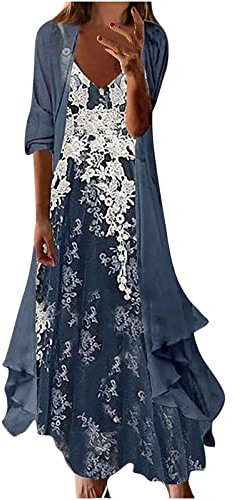 Women Dresses Clearance,Ladies Summer Long Sleeve Smock + Dress Two Piece Set Long Dress Beach Maxi Dress UK Size Sale Work Dress Office Dress Plus Size Wedding Guest Dress