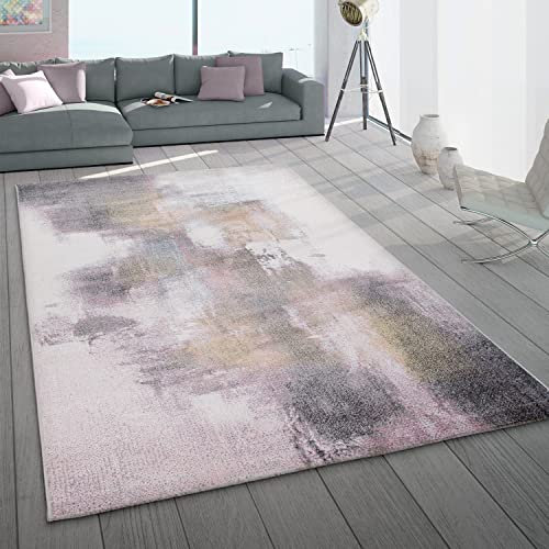 Paco Home Teppich Wohnzimmer Kurzflor Abstrakt Pastell Farben Used Look Modern Creme Grau Violett, Grösse:120x170 cm