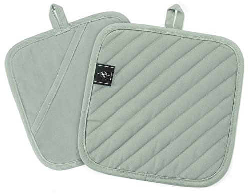 BONTHEE Manoplas de algodón para ollas, resistentes al calor, antideslizantes, para cocinar, hornear, accesorios de cocina, juego de 2 unidades, color verde, 20 x 20 cm