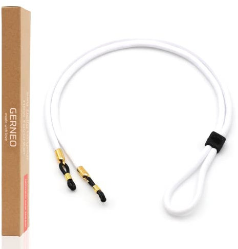 GERNEO® – DAS ORIGINAL – Florenz – Premium Brillenband für Sonnenbrillen & Lesebrillen White mit Gold Halterungen – verstellbar mit Kabelzug & Logogravur