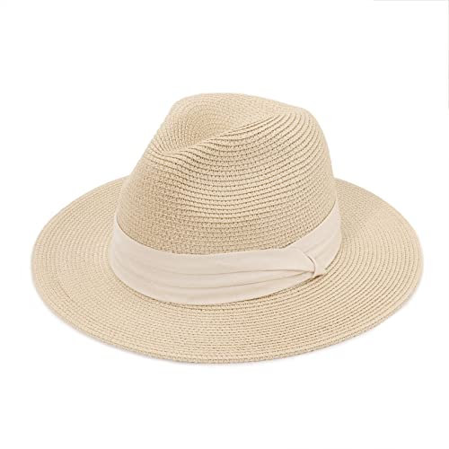 DRESHOW Femme Homme Chapeau de Paille Panama Chapeau Été Large Bord Chapeau de Soleil Anti-UV pour Plage Voyage Fedora Chapeau de Soleil, Taille unique, Panama Beige with Beige Ribbon