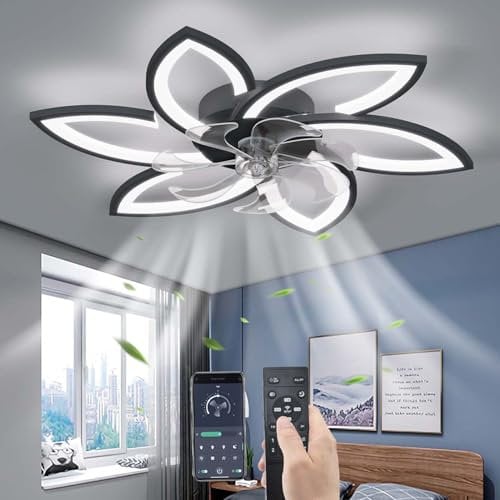 YUNZI Muto Ventilatore da soffitto con luce con telecomando, LED Dimmerabile Lampada da soffitto Moderno Illuminazione per Soggiorno Camera da letto, Regolabile 6 velocità, Nero 78CM
