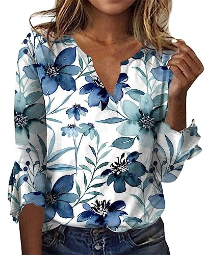 Haut à Col Bateau Et Manches 3/4 pour Femme - Chemise Dessins Tee Shirt Coton Blouse Grande Taille - Carreaux Bleu Chemise De Nuit Été