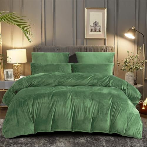 DXHOME Coral Fleece Winter Bettwäsche 135x200cm 4tlg Grün Olivgrün Microfaser Fleece Warm Plüsch Wendebettwäsche Deckenbezug Bettbezüge mit Reißverschluss und 2 Kissenbezügen 80×80 cm
