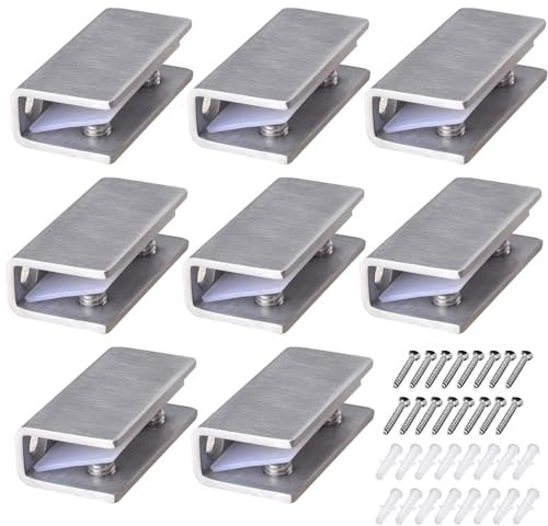 Glasklemmen Edelstahl 8 Stück Glasregal Halterung Edelstahl, Klemmhalter für Glasplatten Glashalter mit Schrauben und Kunststoffeinsatz für 8-12 mm Dicke Glas, Gebürstet Fertig