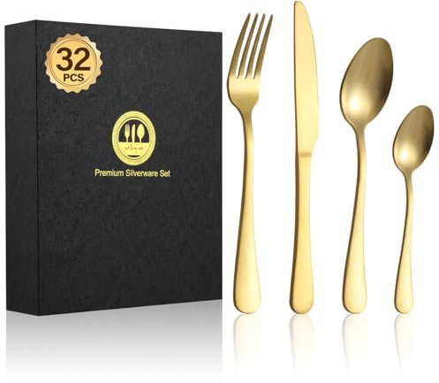 BEWOS 32-Piece Stainless Steel Cutlery Set, Matt Gold Knives and Forks, Service for 8, Spoon and Fork Set with Gift Box, Dishwasher Safe