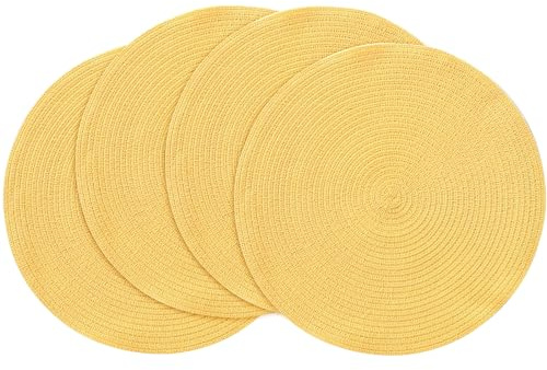 Floroom 15 Inch Round Braided Placemats Set of 4, Washable Heat Resistant Cotton Polyester Circle Place Mats for Kitchen Dining Table - Yellow
