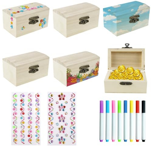 ZIGefofo 6 Stück Mini Schatztruhe Schatzkiste mit 2 Aufkleber Glitzer und 8 Pinselstifte Holzschatulle mit Deckel Klein Set Schmuckkästchen Holz für Kinder Bastelset Piratenparty Geburtstags DIY