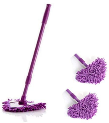 BEAHING 180 Degree Rotatable Triangle Cleaning Mop Adjustable Extendable Dust Duster with 2 Mop Heads for Bathtub Toilet Glass Purple, Rotatable Triangle Mop