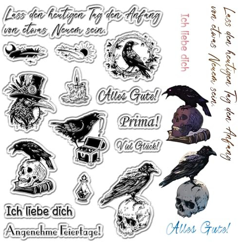 craspire Rabe Klare Stempel Deutscher Text Totenkopf Wiederverwendbarer Poststempel Transparente Silikonstempelsiegel Für Die Erstellung von Tagebüchern Und Karten Dekorieren Scrapbooking Filmrahmen