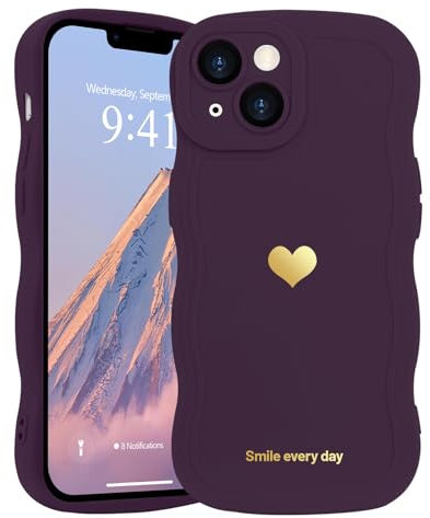 LAPOPNUT for iPhone 14 Case,Cute Curly Wave Frame Love Heart Phone Case for Girls Women,Soft Silicone TPU Bumper Shockproof Camera Protective Cover for iPhone 14 6.1 inch,Dark Purple