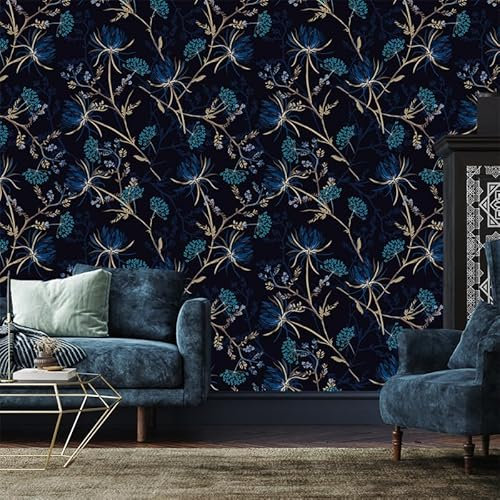 ZAHHYG Wallpaper Dark Blue Leaves Peel and Stick: Self Adhesive Art Deco Vinyl Wallpaper, 40x100CM