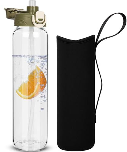 DEARRAY 1l Gourde en Verre avec Paille, 1 litre Bouteille d'eau en Verre Borosilicaté Anti-fuite avec étui de Protection en Néoprène