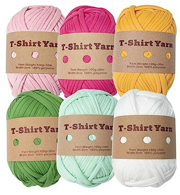 6 Rollen handgefertigtes Stoffstreifen, T-Shirt-Garn, Strickgarn zum Stricken, Häkeln und Basteln für Handtasche, Regenbogenfarben