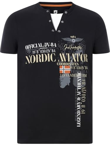 Jan Vanderstorm Herren T-Shirt Uljas | Atmungsaktives Freizeitshirt mit Serafino-Ausschnitt, 100% Baumwolle, Casual-Wander-Shirt im Outdoor-Look, große Größen L–7XL