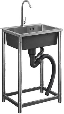 Lavandino acciaio inox 1 vasca lavello cucina freestanding, lavello da esterno con Sifone Classico e troppopieno, vasca lavandino acciaio inox(W 45 x H 40 cm)