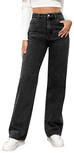 LAEMILIA Jean baggy pour femme - Jambe droite - Taille haute - Jambe large - Avec poches - Coupe ample - Taille S à XXL, Noir , 44