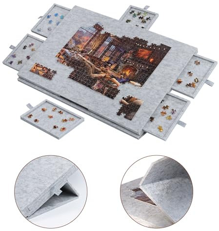 LAVIEVERT Tilting Puzzle Board with 2-in-1 Designed Stand & Cover, Lightweight Felt Jigsaw Storage with 6 Drawers for Adults and Kids, Portable Jigsaw Puzzle Table 1000 Pieces - Light Gray