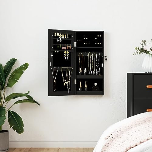 Iiaky Schmuckschrank mit Spiegel Wandmontage Schwarz 30x8,5x67 cm Ketten Aufbewahrung Nagellack Regal