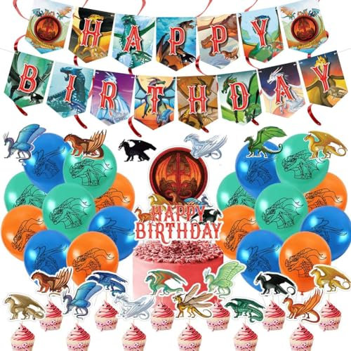 Drago - Set di 39 palloncini per decorazione di compleanno, drago di fuoco, accessori per feste Happy Birthday Banner Cupcake Toppers per bambini