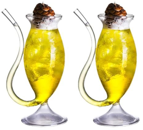 JOYWU Straw Red Wine Glasses,2 Pcs 300ml Stemmed Creative Glass Cup with a Bulit in Straw and Feet,Funny Cocktail Glasses,Cute Tumbler Cups,Vintage Drinking Glasses,Champagne Whiskey Cup (250ml)