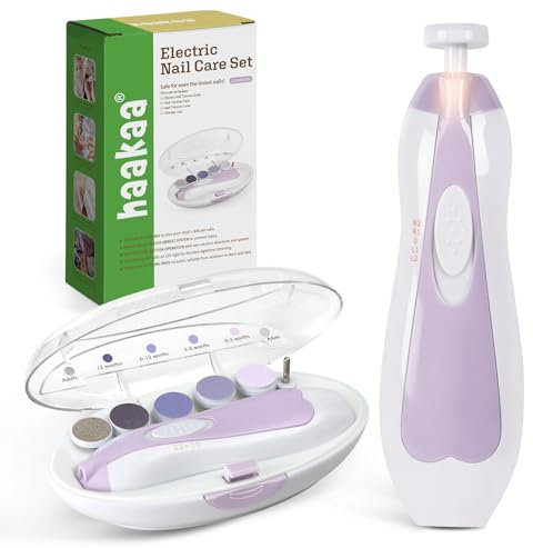 haakaa Baby Nail Trimmer Electric Baby Nail File Kit with LED Light, Baby Nail Clippers for Newborn/Infants/Adults Toenails and Fingernails, 6 Replacement Heads & Storage Case, Lavender