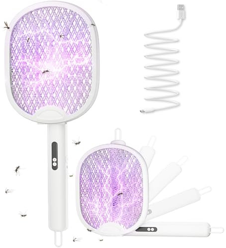 WOCVRYY 3 en 1 Raqueta Mosquitos Electrica 1800mAh 4000V USB Recargable Portabilidad Equipado con Rejilla de Seguridad Lámparas Atrapa Manual Automático Interior Exterior