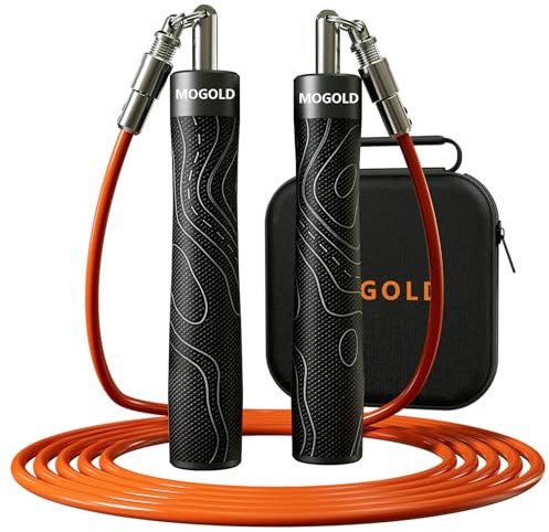 Mogold Verstellbares gewichtetes Springseil mit PU-Leder-Griffen, 3 m Schnellverschluss-System und 1/2,3 kg/1/1,8 kg/1/0,9 kg PVC-Stahlschnüre, inklusive Kabelschneider + Werkzeuge und EVA-Tragetasche