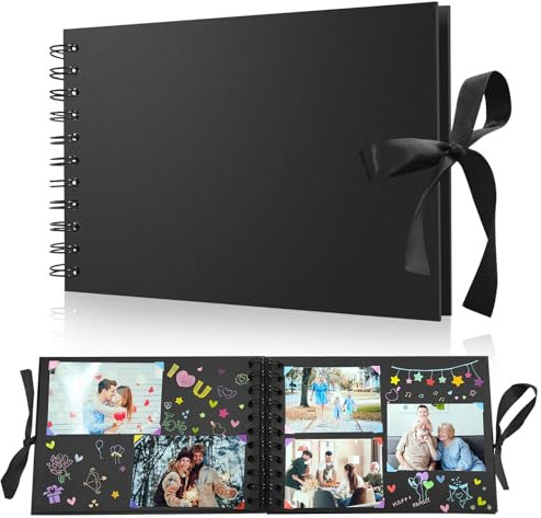 Kleines Fotoalbum zum Selbstgestalten, Scrapbook Fotobuch zum Selbstgestalten 60 Schwarze Seiten Photo Album, DIY Fotoalben Set für Baby Familie Jahrestag Geburtstags Valentinstag Hochzeit, Schwarz