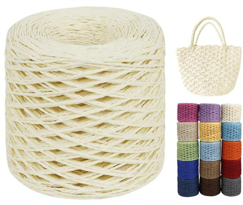 LEREATI Raffia Garn zum Häkeln von Taschen, 2mm x 200m Rund Papierdraht Bast Band Natur Paketschnur Papiergarn Raffia Bast zum Häkeln Handtasche, Körbe, Hüte, Geschenkverpackung (Off-Weiß)