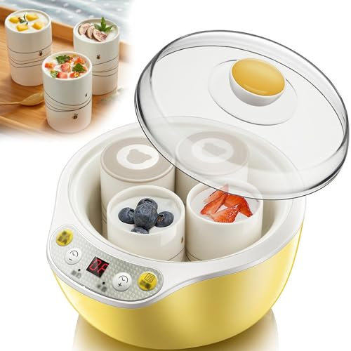 WUDLi 1000Ml Yogurtera Automática, 20W Yogurtera con 4 X 200Ml Vasos de Cerámica, Pantalla Led, 360° Fermentación Termostática y Temporizador, para el hogar Yogur, Queso, Natto Maker