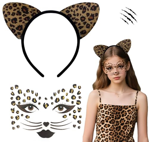 XLZJYIJ Leoparden Kostüm Set, Leoparden Kostüm Damen Kinder, Haarreif Leopard Ohren, Leoparde-n Gesichts Kunst Aufkleber, Leopard Kostum Zubehör für Kinder Halloween Fasching Karneval Kostum