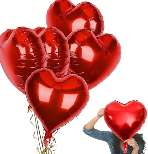 dinghaole 5 Stück Herz Folienballons Rot, 18 Zoll Folienballon, Herz Luftballon Helium, Herzballons Rot Herzform Folienluftballon, Herzluftballons Hochzeit Romantisch Rot Geburtstagsdeko Valentinstag