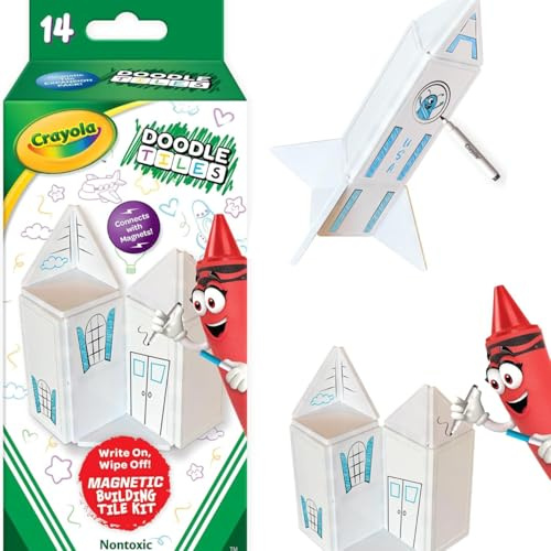 Hawksbill Crayola Mini Magna Tiles Travel Set – 14-Piece Magnetic Tiles with Markers – Doodle & Build Micromags for Kids Age 3+ for Plane, Car & Holidays