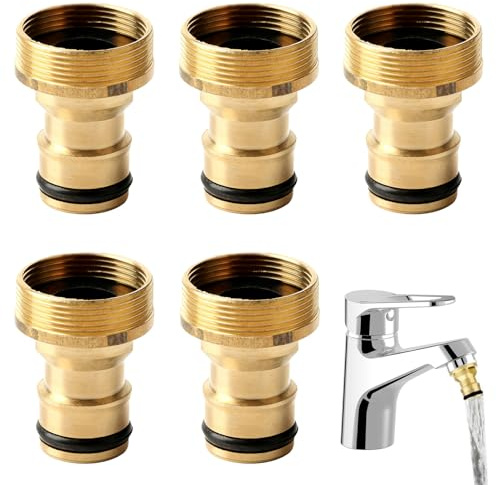 5 PcsTap Connectors, Brass Outside Tap Hose Connector 3/4” and 1/2” Female,Universal Mixer Garden Tap Brass Hose Connector Adapter for Hoses Pipe Connectors Fittings for Kitchen Outside Outdoor