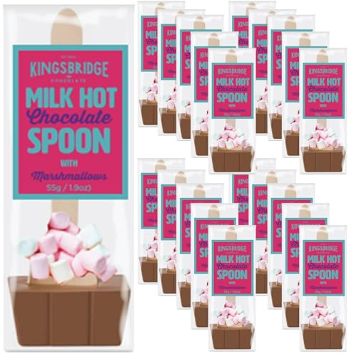 Kingsbridge Premium Hot Chocolate Spoons (20 Pack) – Luxury Milk Chocolate & Mini Marshmallows Stirrer – Milk Chocolate Block with Wooden Spoon – Add Hot Milk for Instant Hot Chocolate
