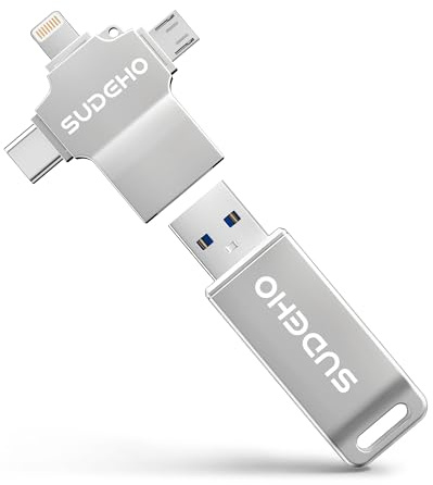 SUDEHO Cle USB iPhone 512 Go MFi Certifiée, 4 en 1 Clé USB C pour iPhone/Pad/Mac/Android/PC, Clef 3.0 Grande Vitesse Flash Drive Mémoire Externe Stick pour Stockage Photos/Vidéos/Musique(Argent)