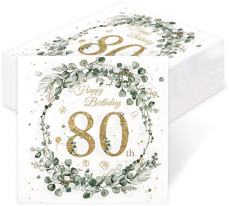 Servietten 80. Geburtstag Deko Mann Frau – 60 Stück, Grün Gold | Geburtstagsdeko Frauen, Party, Happy Birthday Tischdeko, Papierservietten, Jubiläum, 80. Geburtstag, Eukalyptus