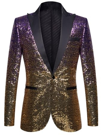 Vhersily Herren Glitzer-Jacke mit Pailletten, Slim Fit, Performance, Blazer-Kostüm für Silvester, Abend, Zeremonie, Erwachsene, Karneval, Clubwear, Disco, Party, gold, XXXL